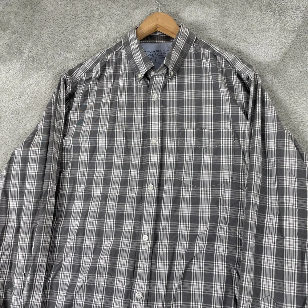 Banana Republic Shirt Mens Large Grey Luxe Poplin Plaid Camden Standard Fit
